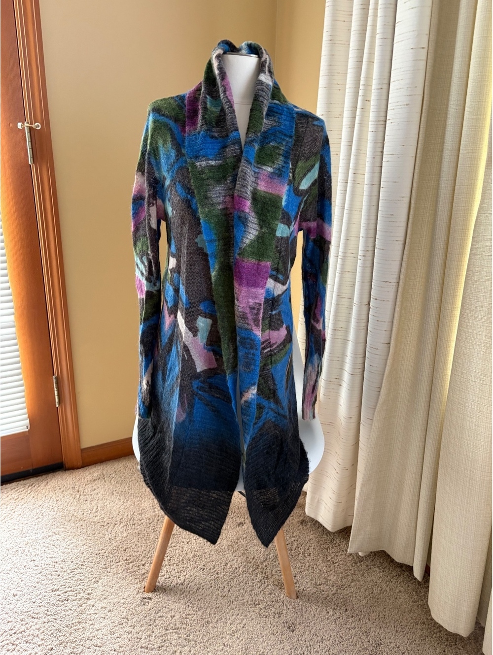 Art Meets Life Abstract Watercolor Wool Mohair Open-Front Cardigan Sweater XL